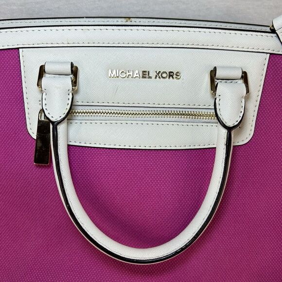MICHAEL KORS Fuschia White Leather Selma Satchel Purse Long Strap & Dbl. Handles - Picture 2 of 16